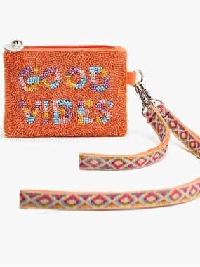 American Apparel Orange Beaded 'GOOD VIBES' Wristlet Card Holder